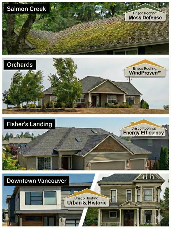 Infographic of roofing solutions for Vancouver WA neighborhoods: Moss defense for Salmon Creek, wind-rated shingles for Orchards, and energy-efficient ventilation for Fisher's Landing by Brisco Roofing.